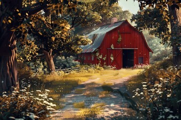 Poster - A rustic red barn surrounded by tall trees and lush greenery