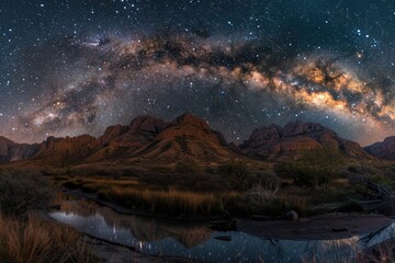 Wall Mural - the milky way galaxy shines brightly above mountain peaks at night
