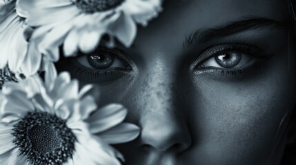 Wall Mural - A beautiful woman with fresh flowers in her hair, captured in a classic black and white photograph