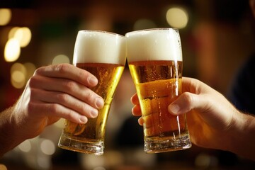 Poster - Two friends enjoying beers together in a modern bar setting