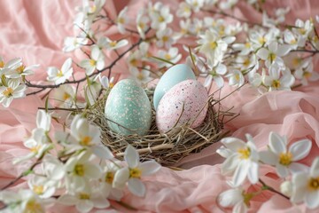 Poster - Three eggs in a flower-filled nest, great for spring or Easter themes