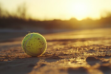 Wall Mural - A lone tennis ball sits atop a sandy beach, perfect for a casual game or as a decorative element