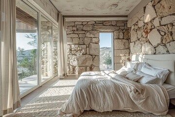 Poster - Cozy bedroom with stone wall and big bed, perfect for a romantic getaway