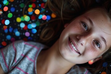 Poster - A young girl lying down in front of a decorated Christmas tree, perfect for holiday season use
