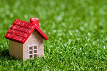 Miniature wooden house with a red roof on vibrant green grass, symbolizing real estate, housing market, and property investment.