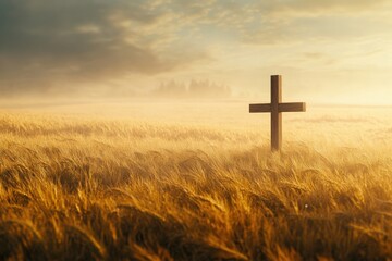 Poster - A simple wooden cross standing tall in the center of a lush green wheat field