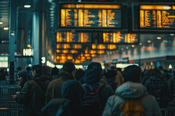 Aufkleber - A group of people standing outside a train station, waiting for their trains
