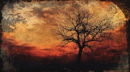 Aufkleber - A single tree stands out against a vibrant orange sunset, great for nature and landscape photography