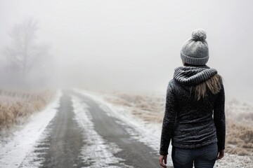 Poster - A person walking on a snow-covered road with nothing but nature around