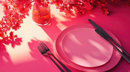 Poster - A pink plate with a fork and knife on a table, perfect for a dinner party or special occasion