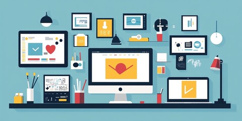 A web design studio showcases their responsive website design on different devices: computer, laptop, phone, and tablet. The presentation features a blue background with design elements.