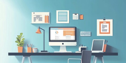 A web design studio showcases their responsive website design on different devices: computer, laptop, phone, and tablet. The presentation features a blue background with design elements.