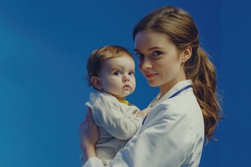 Aufkleber - A woman holds a baby while wearing a lab coat, suitable for medical or science related uses