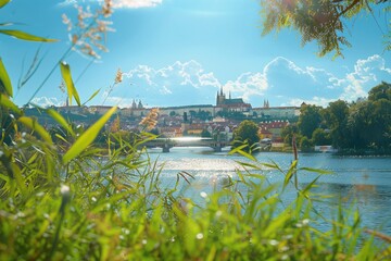 Poster - View of a city from the other side of a river, with buildings and boats