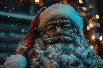 Poster - Close-up shot of a person wearing a festive Santa hat, perfect for holiday or winter-themed projects