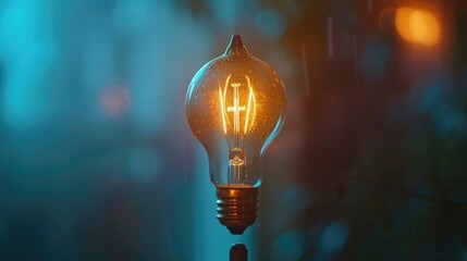 Poster - A single light bulb shines brightly in a dark environment