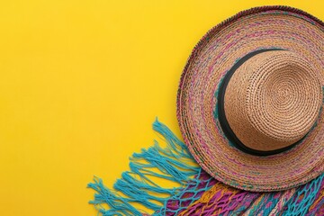 Poster - A straw hat with blue fringes on a bright yellow background