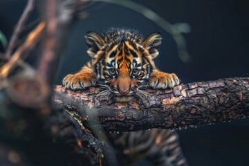 Poster - A young tiger cub is resting on a tree branch, surrounded by leaves and branches