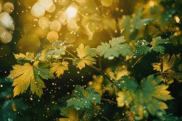 Poster - Close-up of a plant with water droplets glistening on the leaves, great for nature and botanical photography