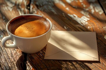 Poster - A cup of coffee sits on top of a wooden table
