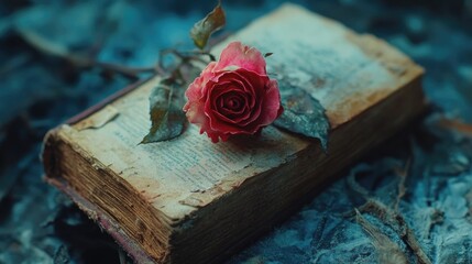 Aufkleber - A red rose sits atop an old leather-bound book, perfect for adding a touch of elegance to any scene
