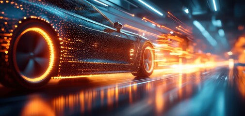 Poster - A sleek, modern car in motion, illuminated by dynamic lights, creating a sense of speed and innovation against a blurred background.
