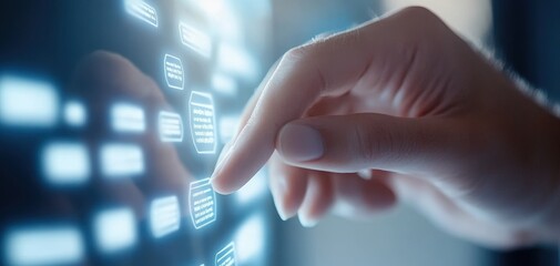 Aufkleber - A close-up view of a human hand interacting with a futuristic touch screen interface, showcasing digital elements and glowing symbols.