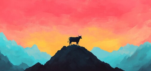 A silhouette of a cow standing on a mountain peak against a vibrant sunset sky, showcasing stunning colors in a serene natural landscape.