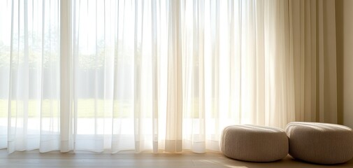 Aufkleber - Soft, light-filtering curtains elegantly drape in a serene environment, complemented by stylish cushioned seats, creating a tranquil atmosphere.