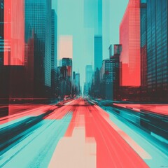 A surreal, glitch-art style image of a city street with skyscrapers, blurred by motion and color distortions.