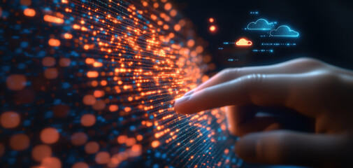 Poster - Close-up of a hand interacting with a digital display of data points, illustrating concepts of big data and information technology.