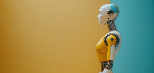 Leinwandbilder - A modern humanoid robot stands in profile against a colorful backdrop, showcasing futuristic design with metallic and vibrant elements.