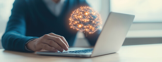 Fototapete - A person interacting with a laptop, showcasing digital connectivity and innovation, with a glowing neural network graphics above the hand.
