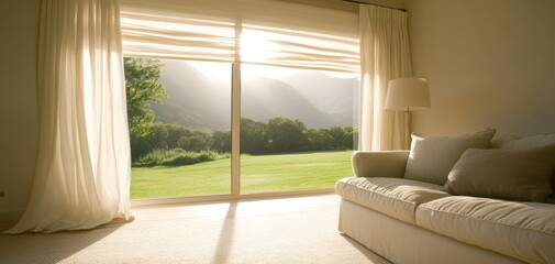 Aufkleber - A cozy living room with a soft sofa, large window inviting natural light, and a view of green hills and sunlight filtering through the curtains.
