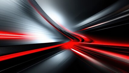 abstract tunnel, red and white light streaks, motion blur, high contrast, dynamic perspective, futuristic, digital art, sleek design, speed effect, black background, converging lines, sci-fi aesthetic