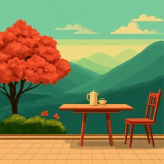 A table with a teapot and cup on it sits in front of a scenic mountain view with a red tree.