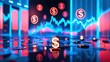 Futuristic cityscape, neon lights, floating dollar signs, reflective surfaces, cyberpunk aesthetic, vibrant colors, blue and pink hues, glowing symbols, digital currency, financial district, 3D render