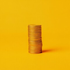 A tall stack of gold coins against a vibrant yellow background.