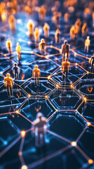 Poster - Business people figurines standing on glowing network nodes representing a complex and interconnected global communication network