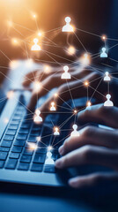 Aufkleber - Businessman using laptop keyboard to connect network of people icons, social media, and technology concept
