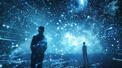 Poster - Two businessmen standing in a dark room are observing a complex network of data flowing in cyberspace, representing the concept of future technology