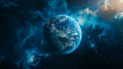 Wall Mural - A cinematic shot of planet Earth with clouds and a space background, creating a majestic and awe-inspiring view of our world from space.