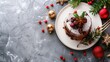 © Lasvu - Festive fruitcake and pudding displayed on a white plate with space for text.