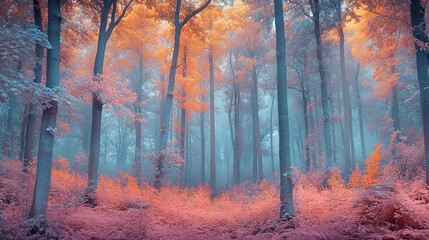 Poster - A foggy forest scene with tall trees and vibrant orange leaves