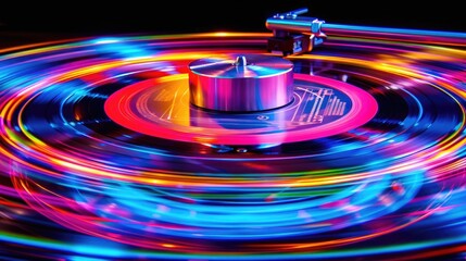 A colorful vinyl record spinning on a turntable, great for music-related concepts or design projects