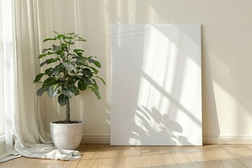 Sticker - A small plant sits in a pot next to a blank canvas, ideal for art-related or nature-inspired designs