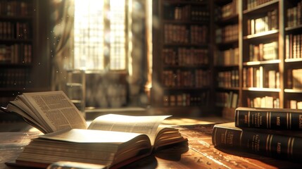 Poster - a book lying open on a wooden desk
