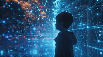 Poster - Child observes a complex, glowing blue network of interconnected data points and lines, representing a futuristic visualization of information or technology