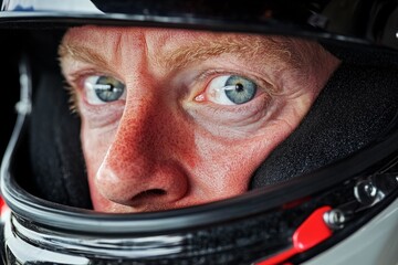 Race car driver wearing helmet and looking focused and ready to compete