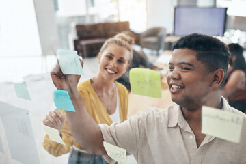 Aufkleber - Office, teamwork and business people with sticky notes for brainstorming, planning and solution ideas. Glass wall, collaboration and employees with writing for problem solving, schedule and startup